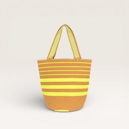  Striped round tote bag, chartreuse yellow and tan stripes, large woven handbag with handles.