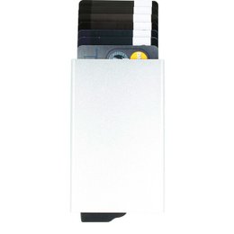 Slim, lightweight aluminum card case in silver color with dimensions of 10.2 cm x 6.8 mm x 4.2 cm.