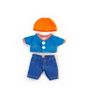 Miniland Dolls: CLOTHING SET blue for boy 21cm, 3-piece, sweater, pants and hat, plastic bag with coat rack, 3+