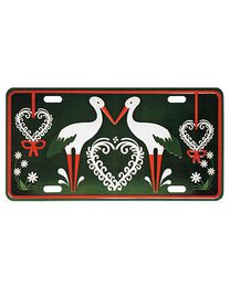 Decorative postage plate featuring storks and hearts in a traditional Alsatian design, suitable for wall art.