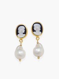 Black and white cameo earrings with pearl drops, made of 18-karat gold-plated silver or 14-karat solid gold.