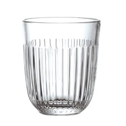 A set of 6 clear glass tumblers with vertical ribbed texture, suitable for water or other beverages. The tumblers have a classic, elegant design that would complement a variety of tableware and home decor styles.