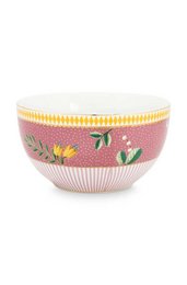 A pink ceramic bowl with a floral and striped pattern, measuring 12cm in diameter.