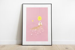 Whimsical art print featuring a moon on a string with a rabbit and dandelion puffs against a pink background. Suitable for wall decor in a nursery or child's room.