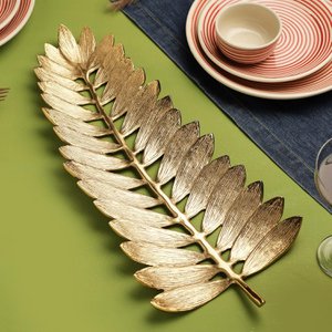 Gold Leaf Decorative Serving Tray – Tabletop Platter – Durable Metal – 20 Inch