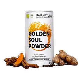 Golden turmeric powder in a container, with turmeric root and a glass of golden milk on a wooden board.

The image shows a container of "Golden Soul Powder" which appears to be a turmeric-based supplement or powder. The powder is a vibrant golden color, and the container is labeled as "Organic" and "Fairnatural". The image also shows some fresh turmeric root and a glass of what looks like golden milk or turmeric latte on a wooden board.

This product appears to be a turmeric-based powder or supplement that can be used to make a golden milk or turmeric latte drink. The key details that can be extracted from the image are:

Colors: Golden, orange
Materials: Turmeric powder, turmeric root
Style: Organic, natural
Shape: Cylindrical container, glass

The description could be used to help customers find this product when searching for terms related to turmeric, golden milk, or turmeric latte.