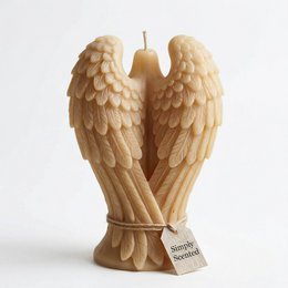  Tall cream angel wings candle with feather texture detail, scented decorative pillar candle.