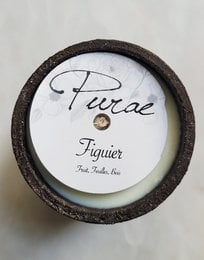 Scented candle with a fig tree fragrance, featuring a round, tall shape and a black textured exterior.