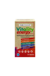  "Vitality energy multivitamin supplement tablets, cardboard box packaging, dark glass bottle, red and blue label design"