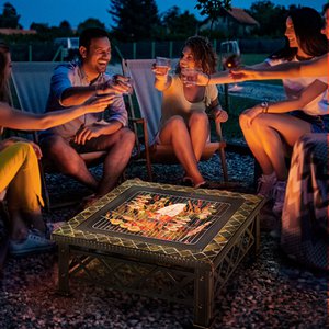 3-in-1 fire bowl fire basket fire pit with spark protection grill grate ice bucket garden BBQ black 76cm x 76cm x 47cm