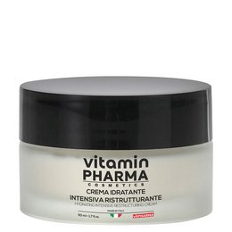 Intensive restructuring moisturizing cream in a white jar with a black lid. The cream appears to be a thick, white texture.
