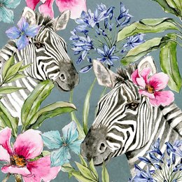 Vibrant tropical floral pattern with zebras, featuring pink hibiscus flowers, blue foliage, and lush greenery.