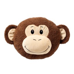  Round brown cushion with a cute monkey face design. Made of soft, plush material. Measures 30 cm in diameter. Suitable for use as a decorative accent or for comfort.