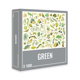 A 1000-piece jigsaw puzzle featuring a collage of various green-colored objects and elements, including vegetables, fruits, plants, and other nature-inspired items.
