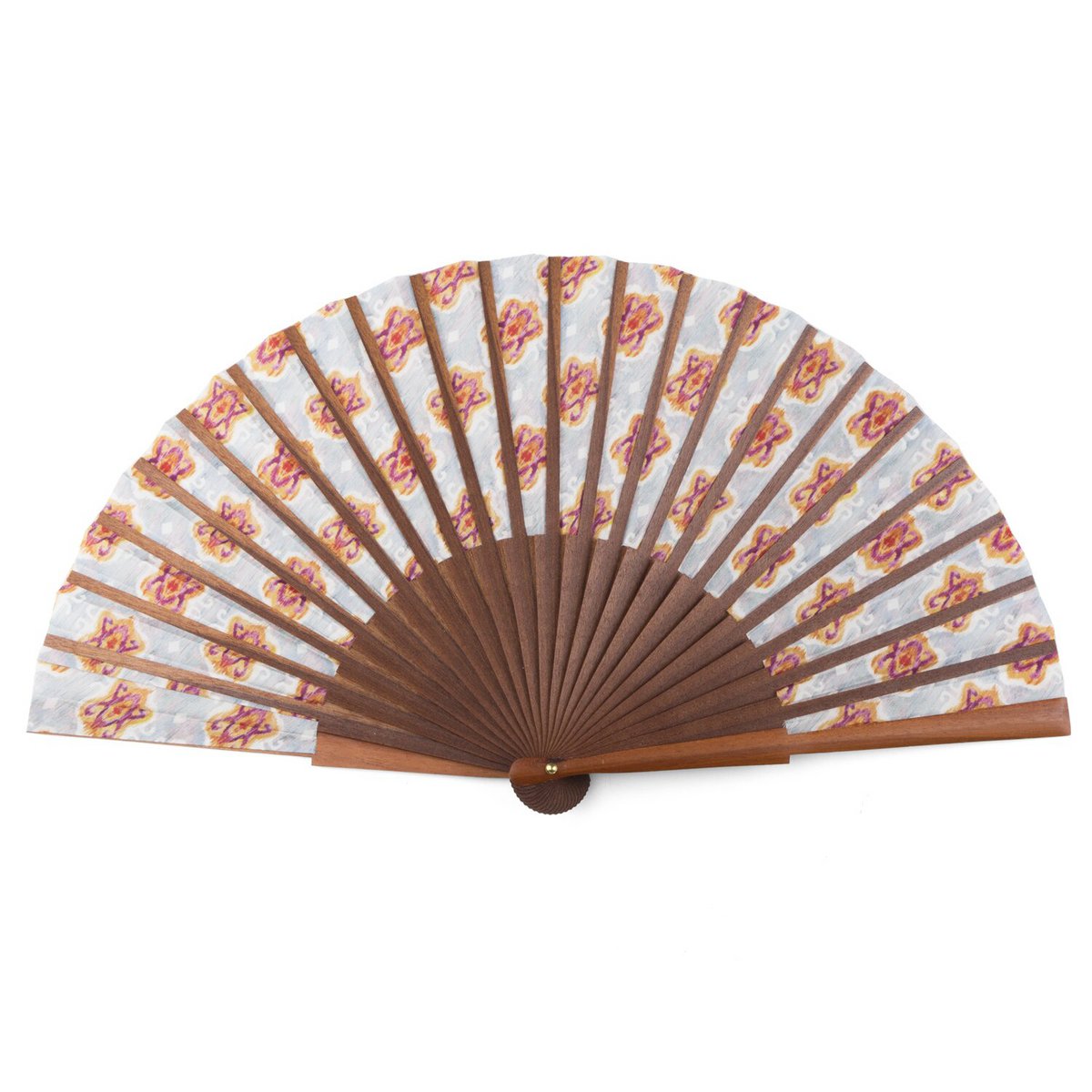 Handcrafted Silk Fan with Geometric Ikat Pattern in Vibrant Colors
