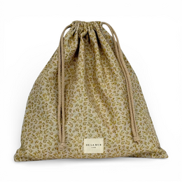  Olive green drawstring lunch bag with small floral pattern, machine washable fabric, compact rectangular shape.