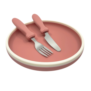 Kinderteller aus Silikon mit Besteck