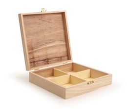 Wooden tea box with 4 compartments for storing and organizing different types of tea.