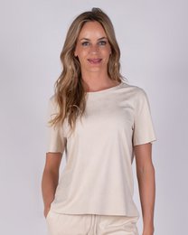  Women's short sleeve top in pale vegan suede material, available in sizes XL, L, M, S.