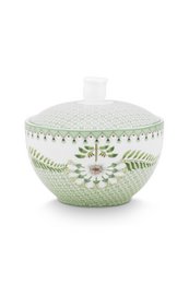  Light green ceramic sugar bowl with floral pattern and lotus design. Suitable for storing sugar or other small items.