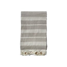 Beige and white striped hammam towel with tassels, suitable for use as a beach towel, bath towel, or decorative throw.