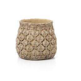  Large, round concrete planter with intricate woven pattern in beige tones.