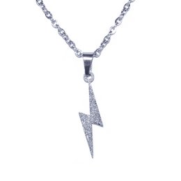 A silver-toned lightning bolt charm pendant on a chain necklace.