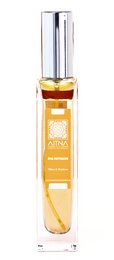 Aitna scented water fragrance body spray, 50ml. Floral, citrus fragrance with notes of tangerine. Alcohol-free, talc-free formula in a sleek glass bottle with a yellow ribbon.