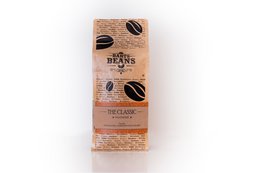 Dark roasted coffee beans in a 250g or 500g package. The Classic blend with a rich, full-bodied flavor.