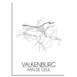 A black and white map poster of Valkenburg aan de Geul, featuring a minimalist design with roads and landmarks. The poster would be suitable for wall art in a modern or minimalist home decor style.
