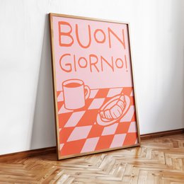  A2 poster with the text "Buon giorno!" in large red letters. The poster features a coffee cup and a croissant or pastry on a checkered background in shades of orange.