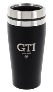 Volkswagen VW GTI Edelstahl-Isolierbecher, doppelwandig, 450 ml in Geschenkbox – Logo/Schwarz
