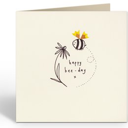 A whimsical birthday card featuring a hand-drawn bee and flower design with the text "Happy bee day".