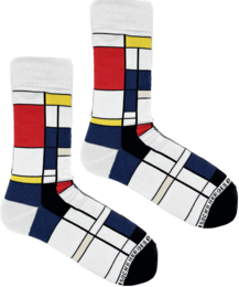 Colorful geometric patterned socks in a Mondrian-inspired design. Made of soft, breathable material for comfortable wear.