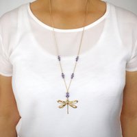 Long 18K gold plated dragonfly and Tanzanite necklace