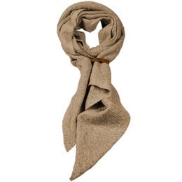 Camel-colored scarf with a soft, cozy texture. Versatile accessory that can be worn with various outfits.