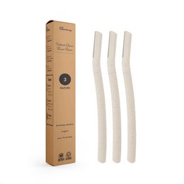 Bamboozy Dermaplaning Eyebrow Facial Razors, a set of 3 white facial razors made of bamboo, designed for eyebrow shaping and dermaplaning.
