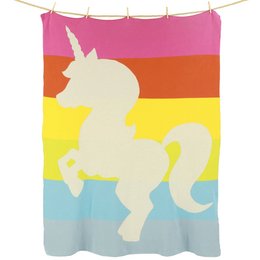 Colorful unicorn-themed baby blanket with a soft, plush texture and vibrant rainbow design.
