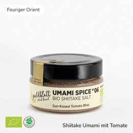 Bio Umami Spice No. 6 is a spice mix containing shiitake salt and finely ground tomato. The product has a dark brown color and is packaged in a round glass jar with a black lid.