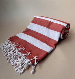 "XXL striped hammam towel, red white and gray stripes, fringed edges, cotton material"