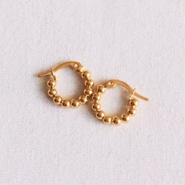 Gold-tone stainless steel hoop earrings with small beaded details, measuring 14mm in diameter.