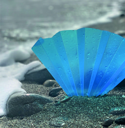  Blue translucent hand fan with a fan-like shape, made of a lightweight material.