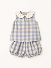 Blue and white gingham check pattern kids outfit with peter pan collar, sleeveless top, and bloomer shorts.