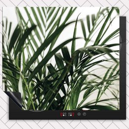  Green palm leaves induction protector placemat, botanical design, black border, heat-resistant kitchen mat