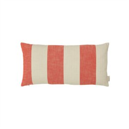  Rectangular cushion cover in a striped pattern of coral and cream colors. Made of a soft, woven material. Suitable for use on a couch, chair, or bed.