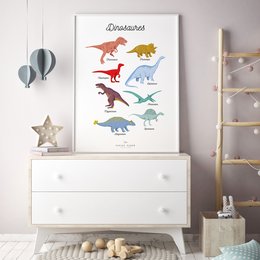 Colorful dinosaur wall art featuring various species including T-Rex, Triceratops, and Brontosaurus. Suitable for a child's bedroom or nursery decor.