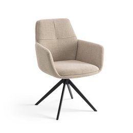 Beige swivel dining room chair with armrests and a modern, minimalist design. The chair features a comfortable upholstered seat and back, and a sturdy metal base with a black finish.