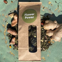 Flower Power tea crystals, available in 10, 20, or 50 count packages. The tea crystals feature a floral design and natural ingredients.