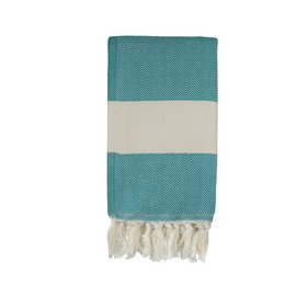 Teal and cream colored bath towel with a textured pattern and fringe trim.