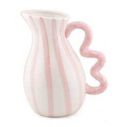  Pink and white striped ceramic jug with curved handle, earthenware pitcher